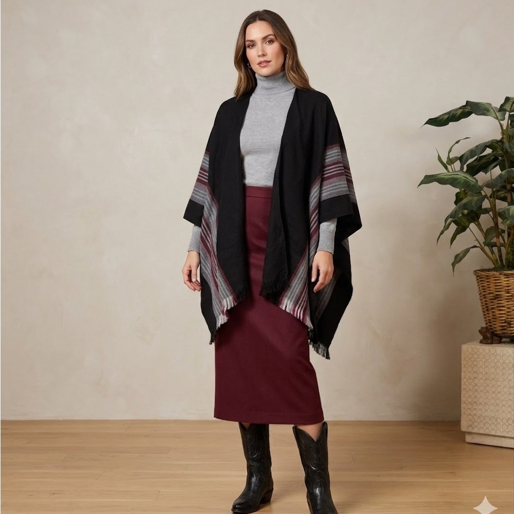 NWT Time & Tru Southwestern Striped Fringed Serape Poncho Shawl Red Black Gray